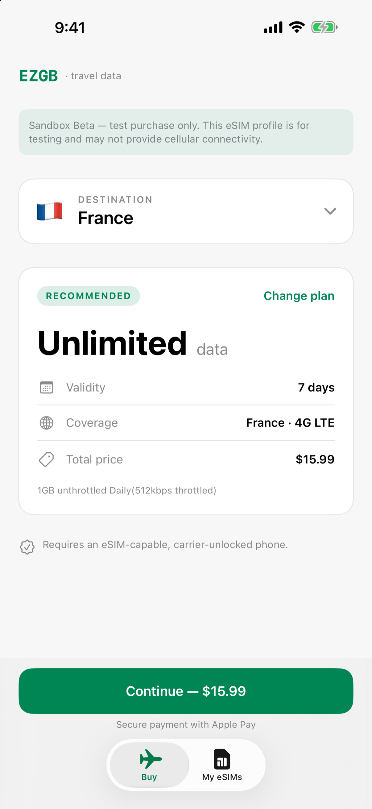 EZGB in light mode: France, unlimited data, Continue with Apple Pay