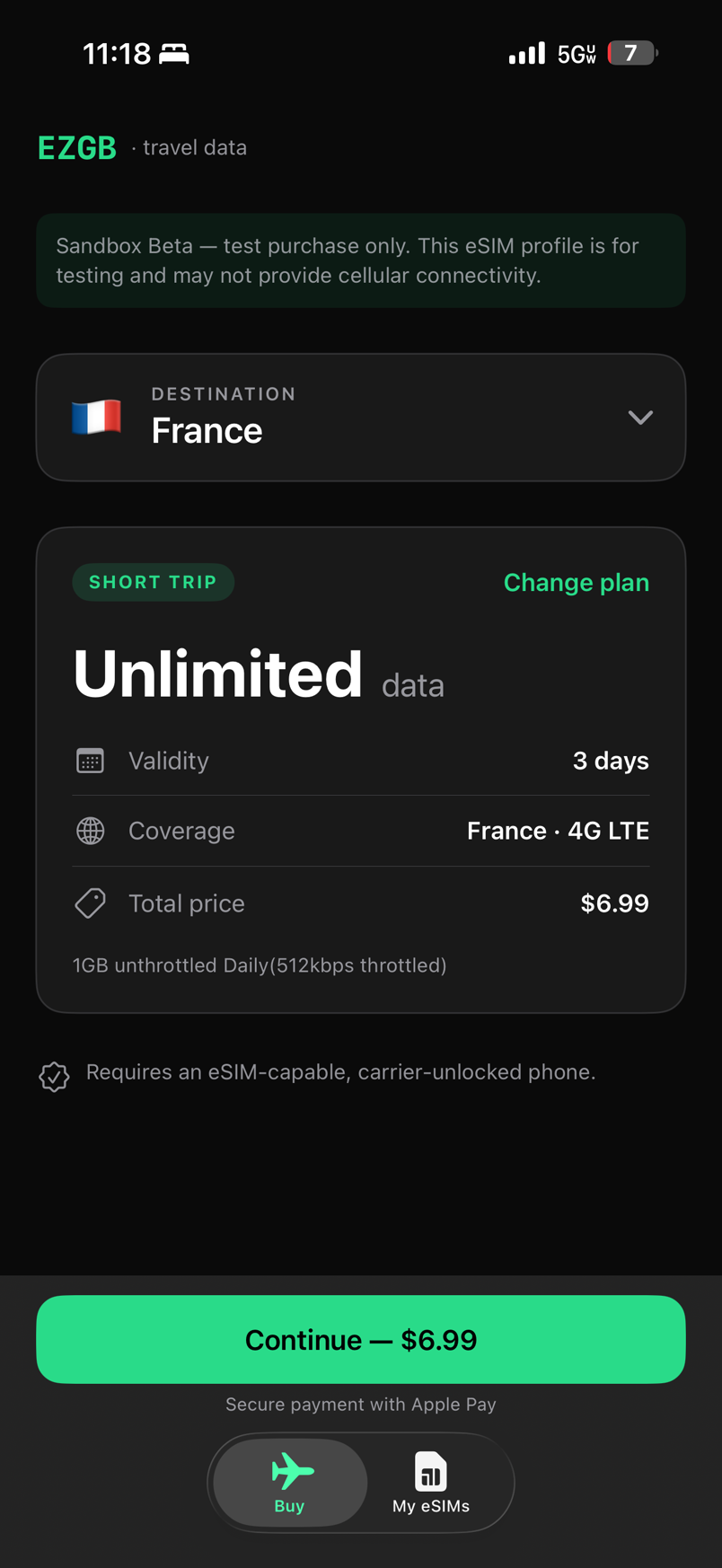 Choose a destination: France, unlimited data, continue