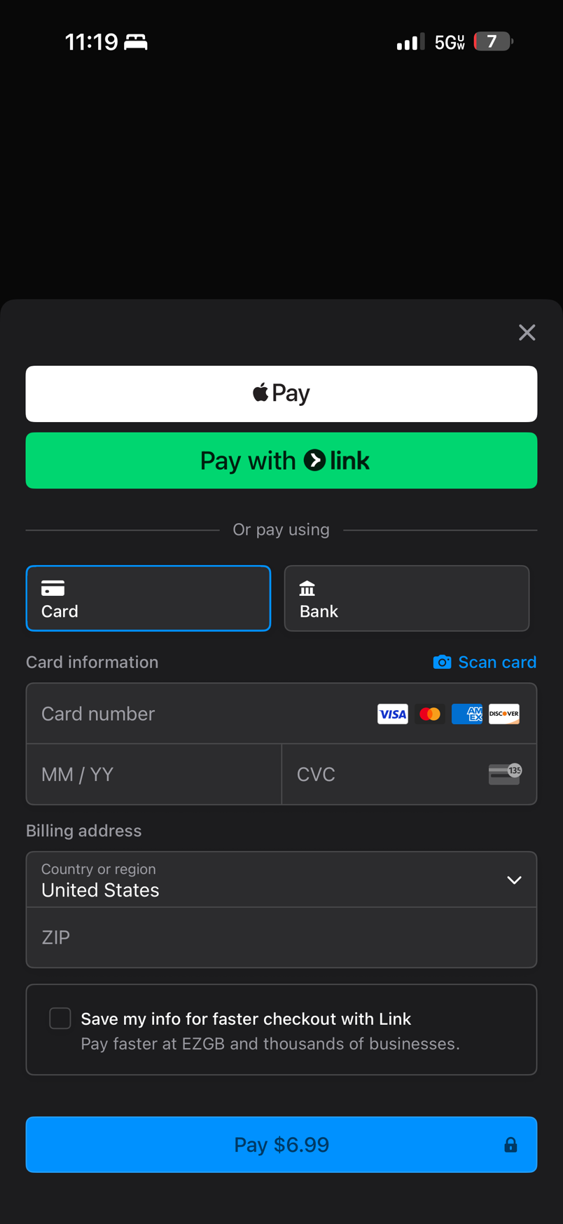 Checkout: Apple Pay, Link, card or bank