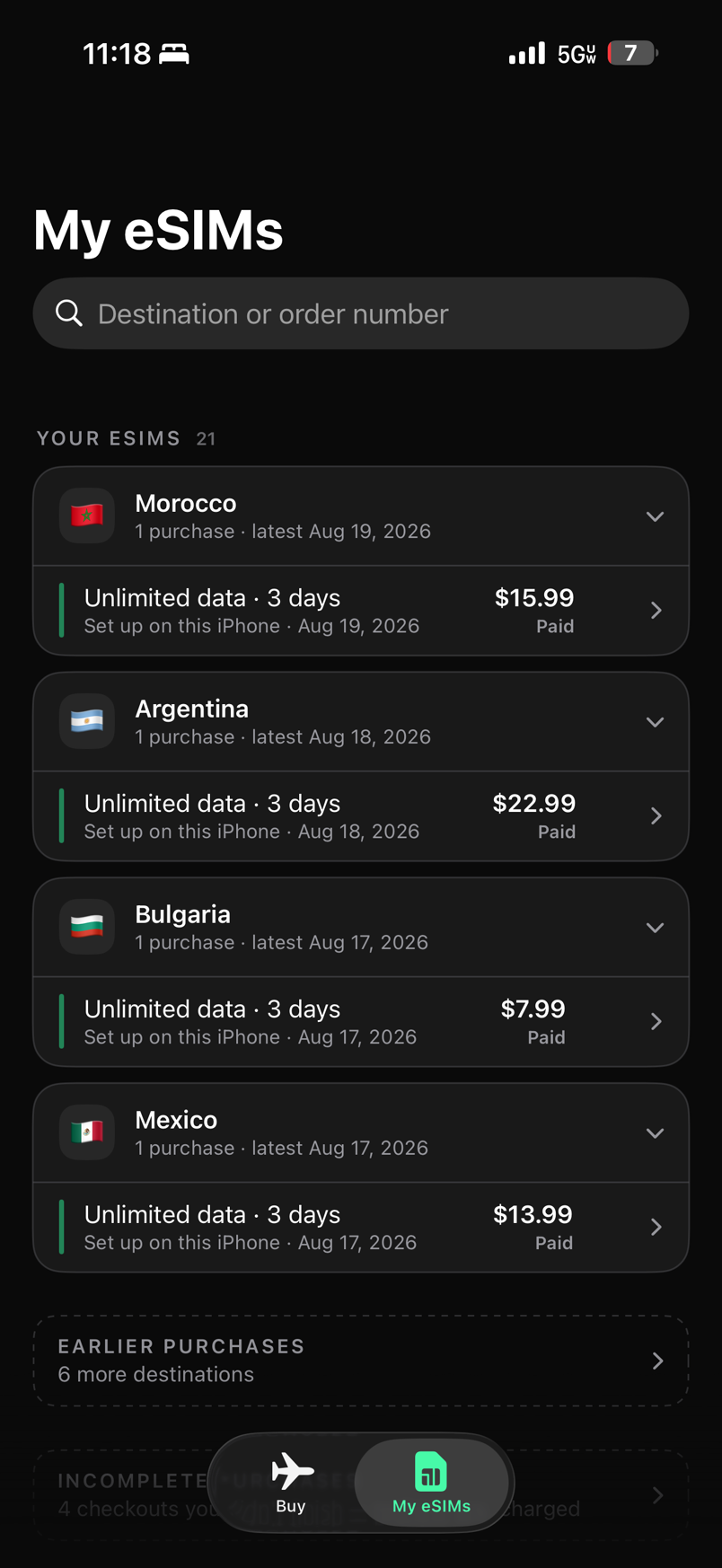 My eSIMs: Morocco, Argentina, Bulgaria, Mexico