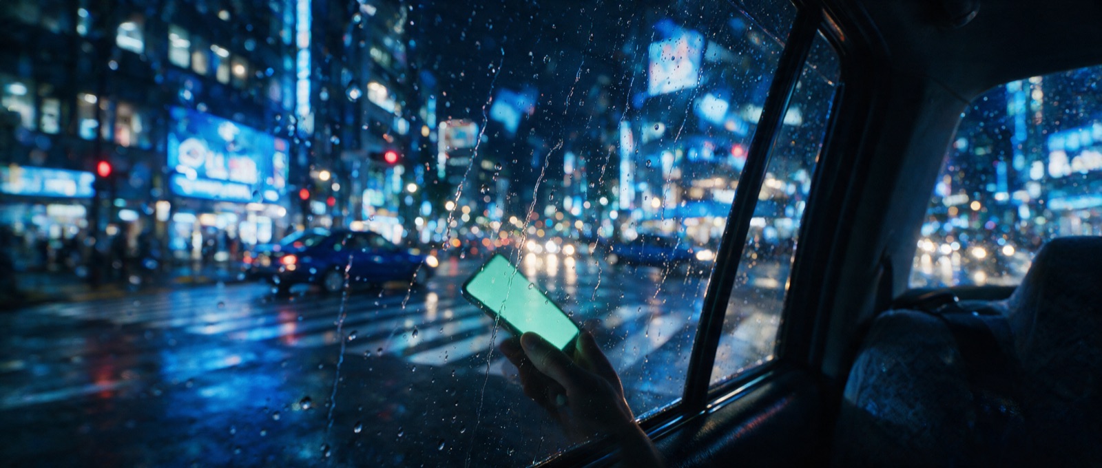Tokyo at night through a rain speckled taxi window, phone glowing